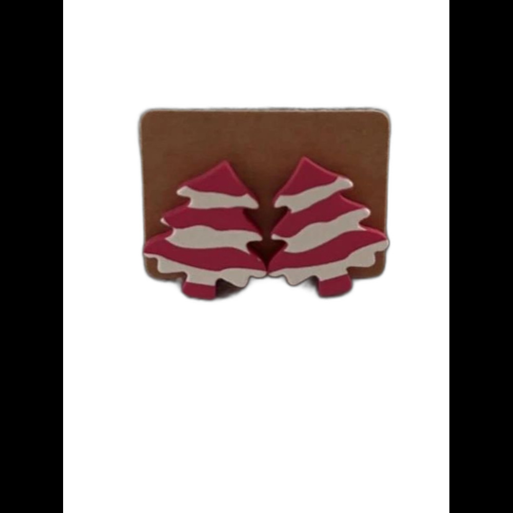 Pink and White Striped Christmas Tree Stud Earrings | Holiday Post Jewelry